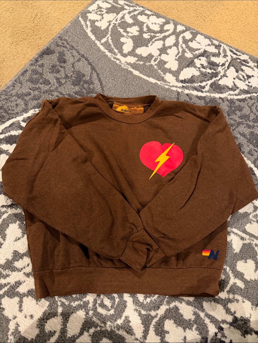 Aviator Nation Brown Crewneck with Pink Heart and Yellow Lightning